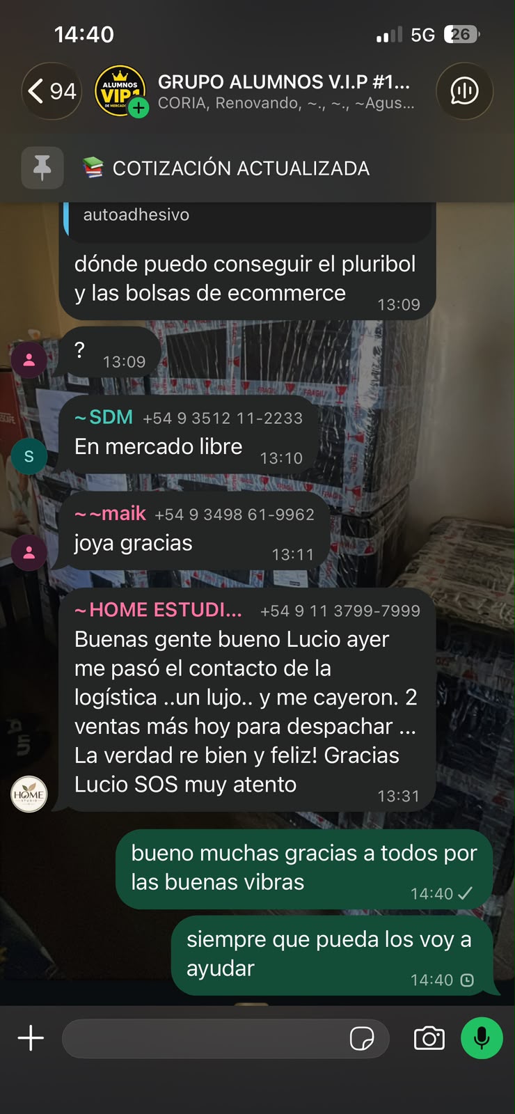 Alumno del grupo VIP compartiendo sus ventas en Mercado Libre, captura 2 de 9