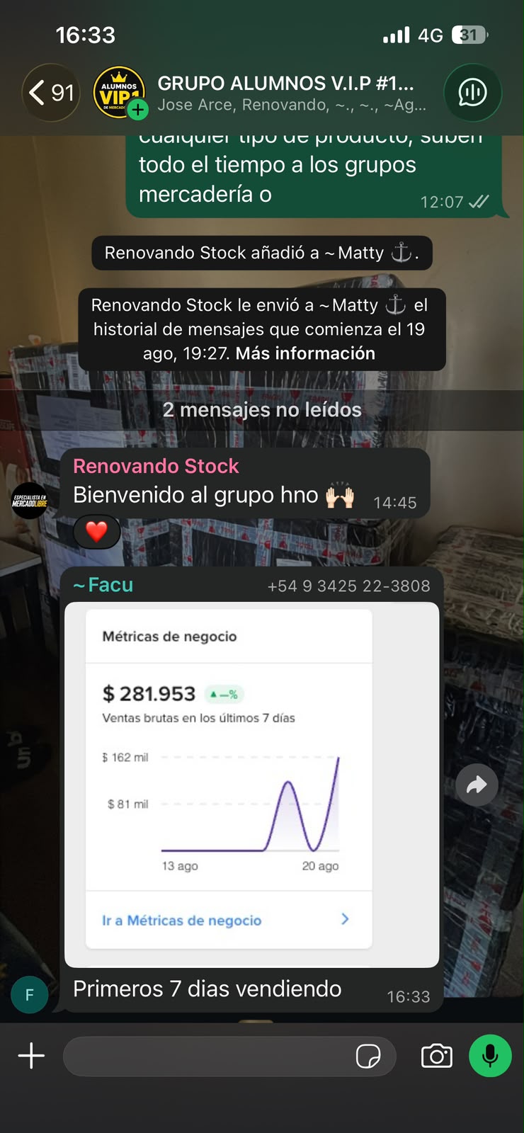 Alumno del grupo VIP compartiendo sus ventas en Mercado Libre, captura 3 de 9