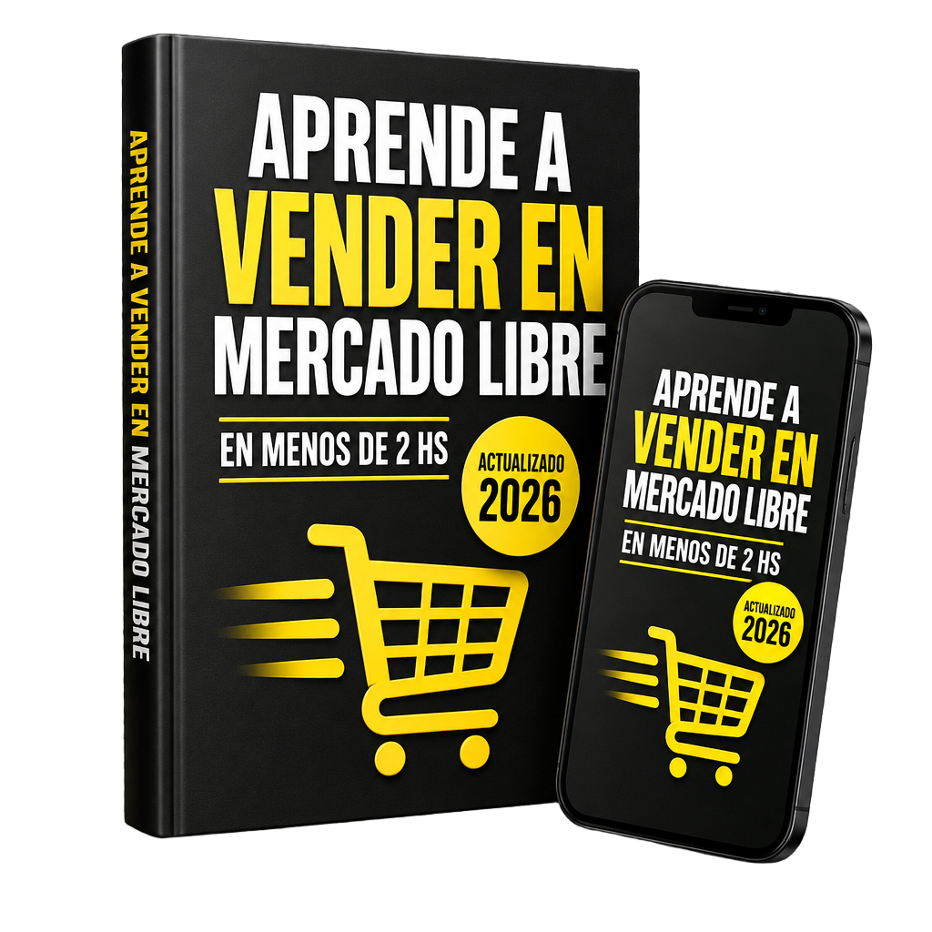Curso Aprendé a vender en Mercado Libre en menos de 2 hs: libro y celular con la portada del curso